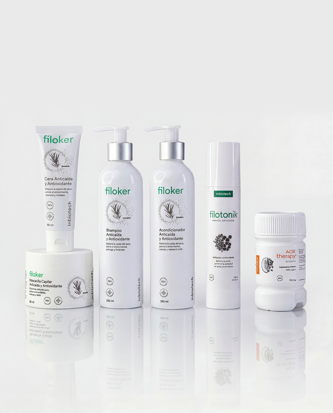 Kit completo de tratamiento capilar Inbiotech que incluye productos Filoker, Filotonik y suplemento AOX Therapy organizados sobre fondo blanco